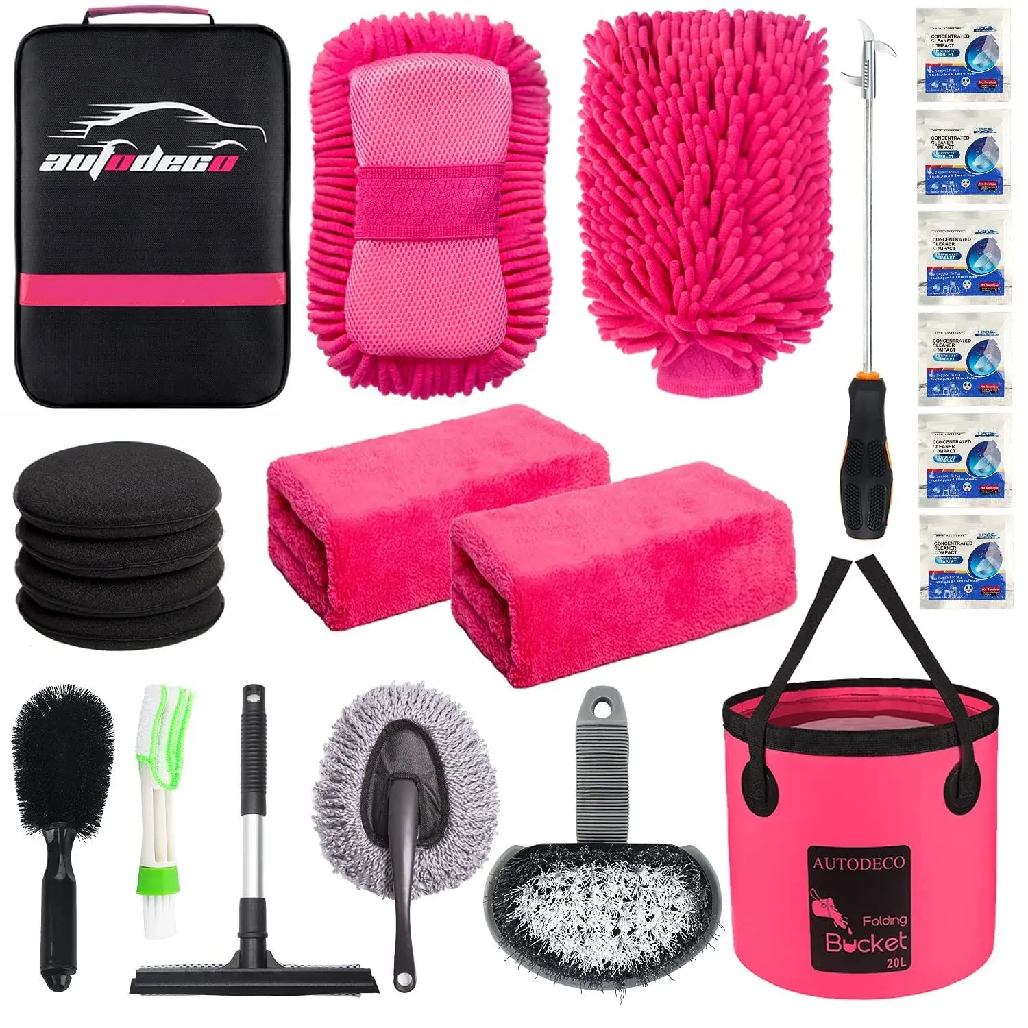 AUTODECO 22Pcs Car Wash Cleaning Tools Kit Car Detailing Set with Canvas Bag Pink Collapsible Bucket Wash Mitt Sponge Towels Tire Brush Window Scraper Duster Complete Interior Car Care Kit