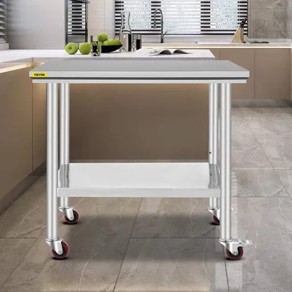 VEVOR Silver Kitchen Prep Table 35.4x23.6in: Stainless, Rolling, 4 Wheels