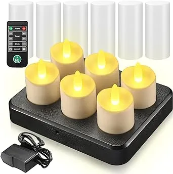 HL Flameless Candles with Remote Timer, 100+Hours Rechargeable Waterproof Outdoor Candles Tea Lights with Charging Base, Warm White LED Votive Floating Tealights for Festival Wedding Party Decor-6pc