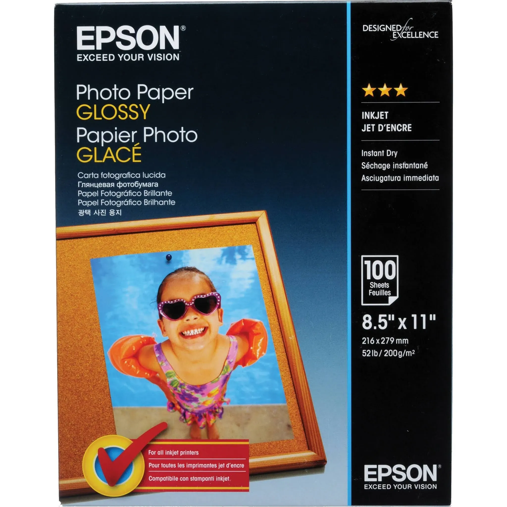 Epson Glossy Photo Paper, 52 lb., Glossy, 8.5" x 11", 100 Sheets/Pack - Sam's Club