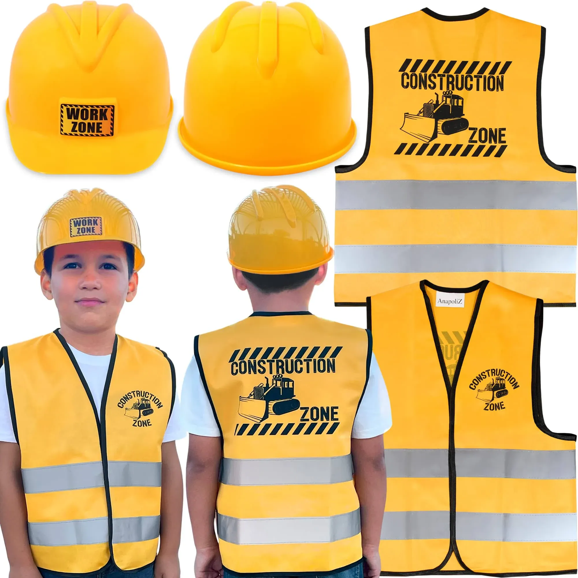 AnapoliZ Kids Construction Vest plus Hat Set | 2 Pcs Kids Construction Worker Vest & Hat Dress Up | Yellow Reflective Vest Construction, plus Yellow Plastic Childrens Hard Hat | Construction Costume