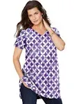 Roaman's Women's Plus Size Short-Sleeve V-Neck Ultimate Tunic - L, Purple Orchid Tie Dye Medallion