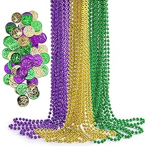 JOYIN 156 PCS Mardi Gras Set Include 36 PCS Mardi Gras Beads Necklace and 120 Plastic Coins, Purple Gold Green Necklace Coins for Mardi Gras Party Favors Supplies, Masquerade Costume Accessories