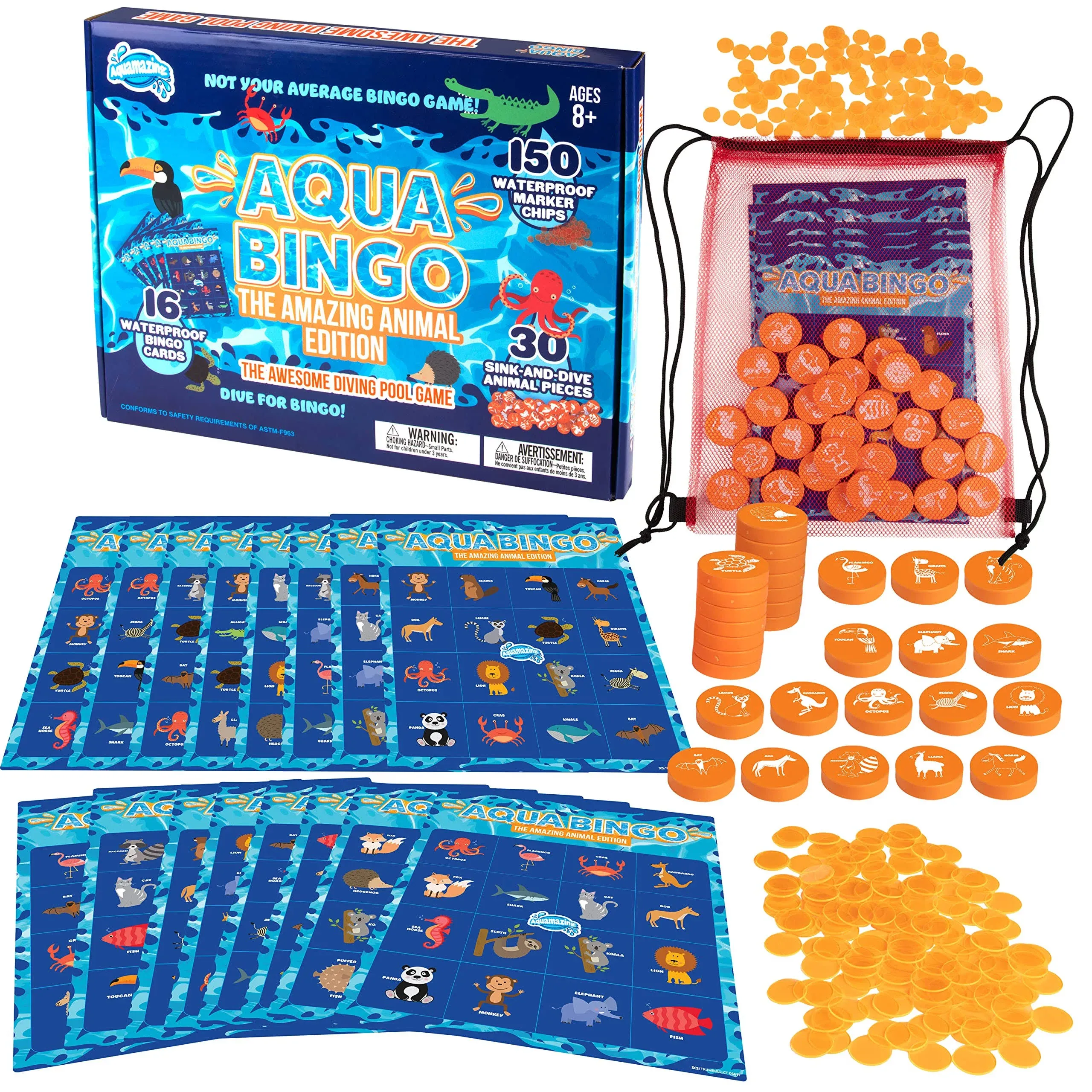 Pool Bingo Diving Game for Kids - Summer Party Fun Edition - Dive & Call 30 Sinking Animal Themed "Numbers", Fill Your Card- 150 Marker Chips &16 Double Sided Waterproof Play Cards & Bag, Xmas Gift