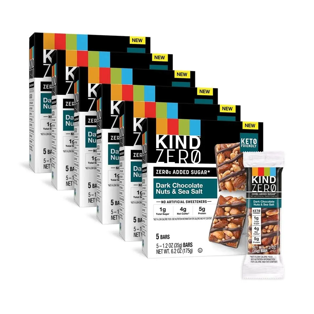 Kind Zero Added Sugar Bars, Keto Friendly Snacks, Dark Chocolate Nuts and Sea Salt, 6.2oz Box (30 Bars)