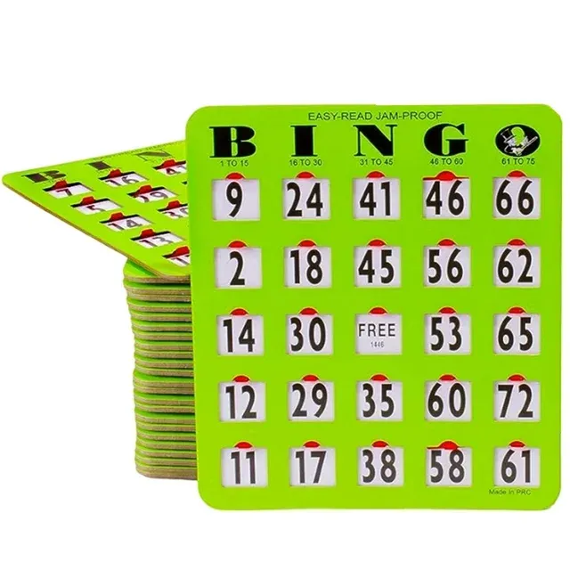 Mr Chips Jam-Proof Easy-Read Large Print Fingertip Slide Bingo Cards with Sliding Windows - 50 Pack in Green Style