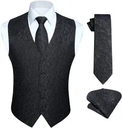 HISDERN 3PC Men's Paisley Floral Jacquard Suit Vest & Necktie and Pocket Square Formal Waistcoat for Tuxedo Wedding Party