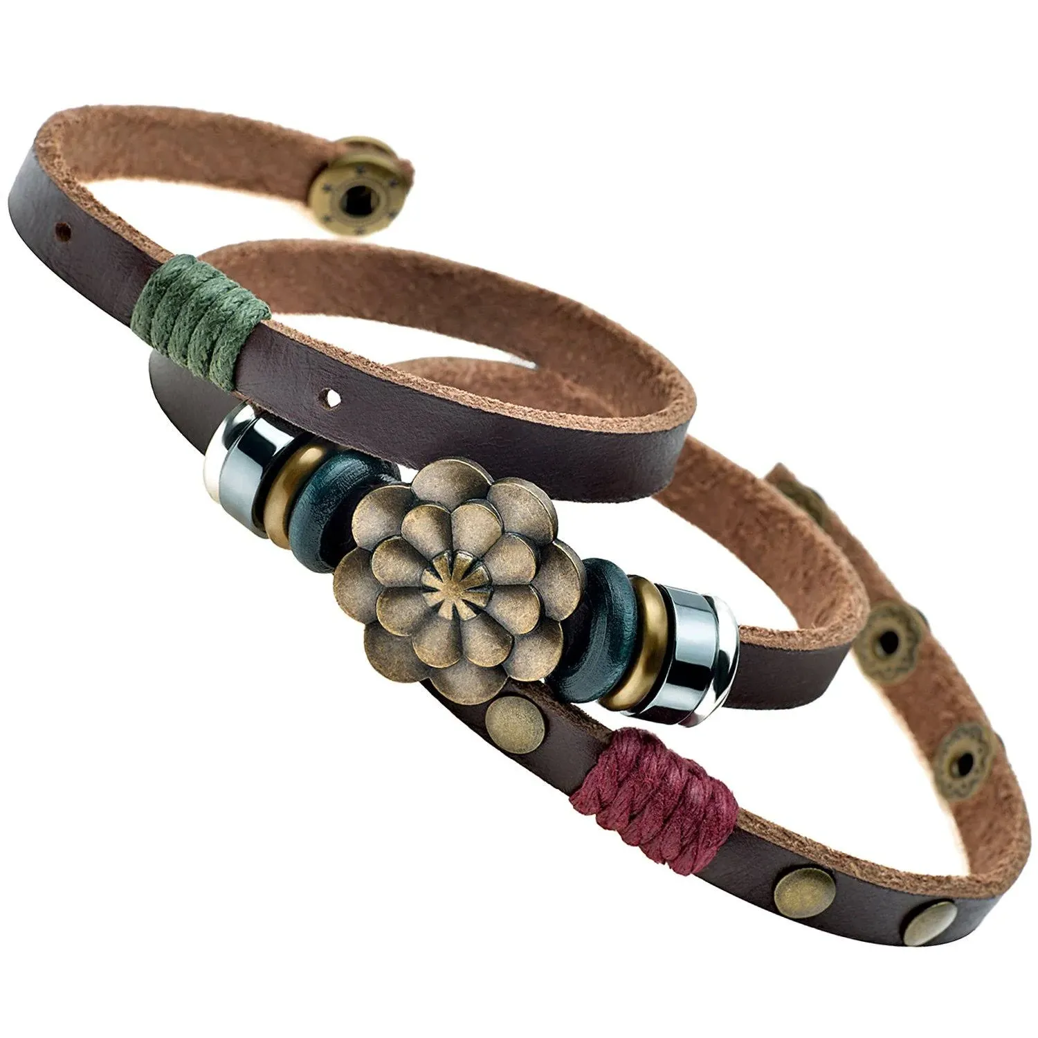 CELOKIY Women's Boho Brown Leather Wrap Bracelet with Brass/Bronze Lotus Flower Stack Trendy Jewelry