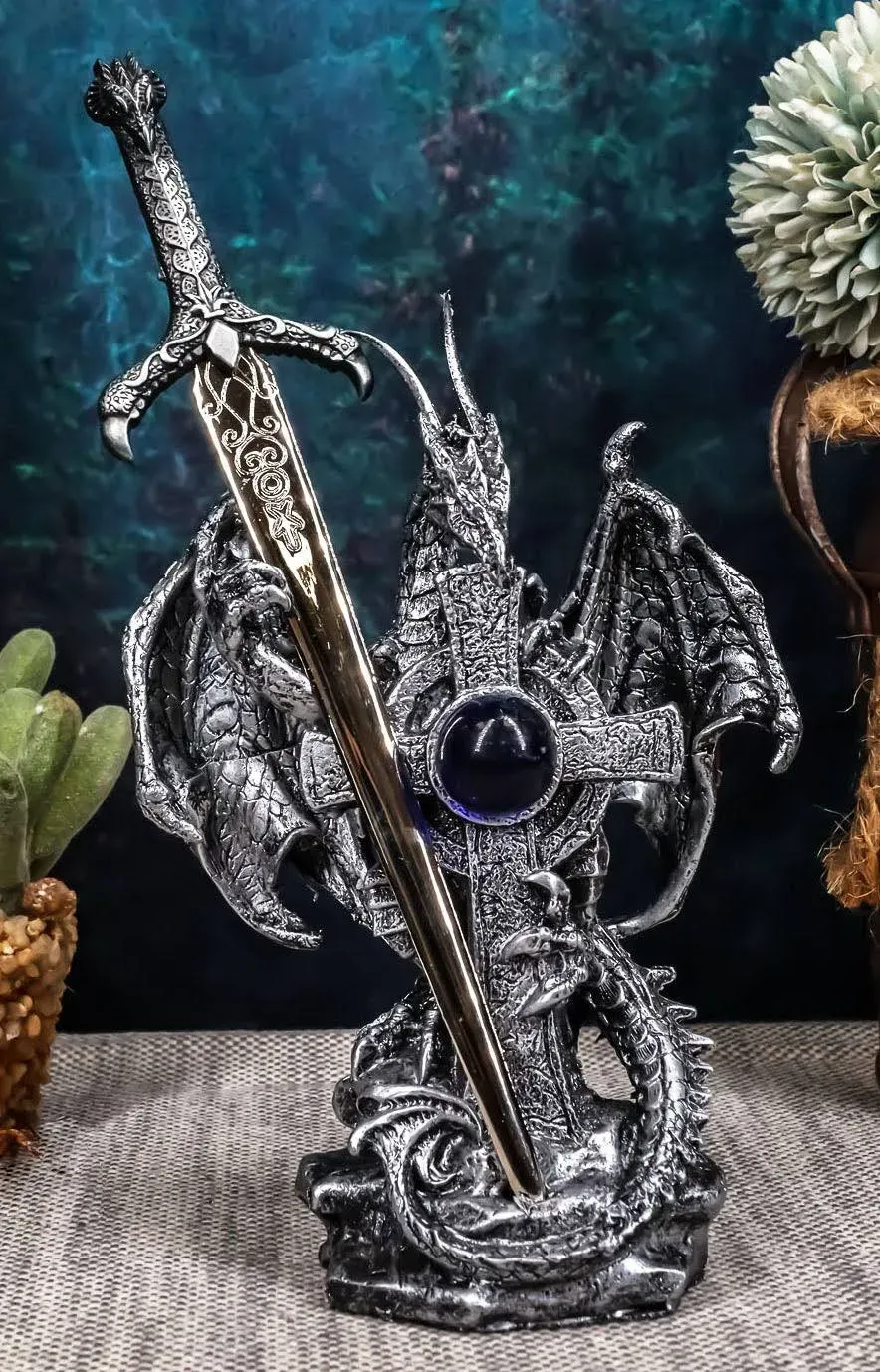 Ebros Legendary Silver Dragon Guardian of The Celtic High Cross Letter Opener Figurine Sculpture