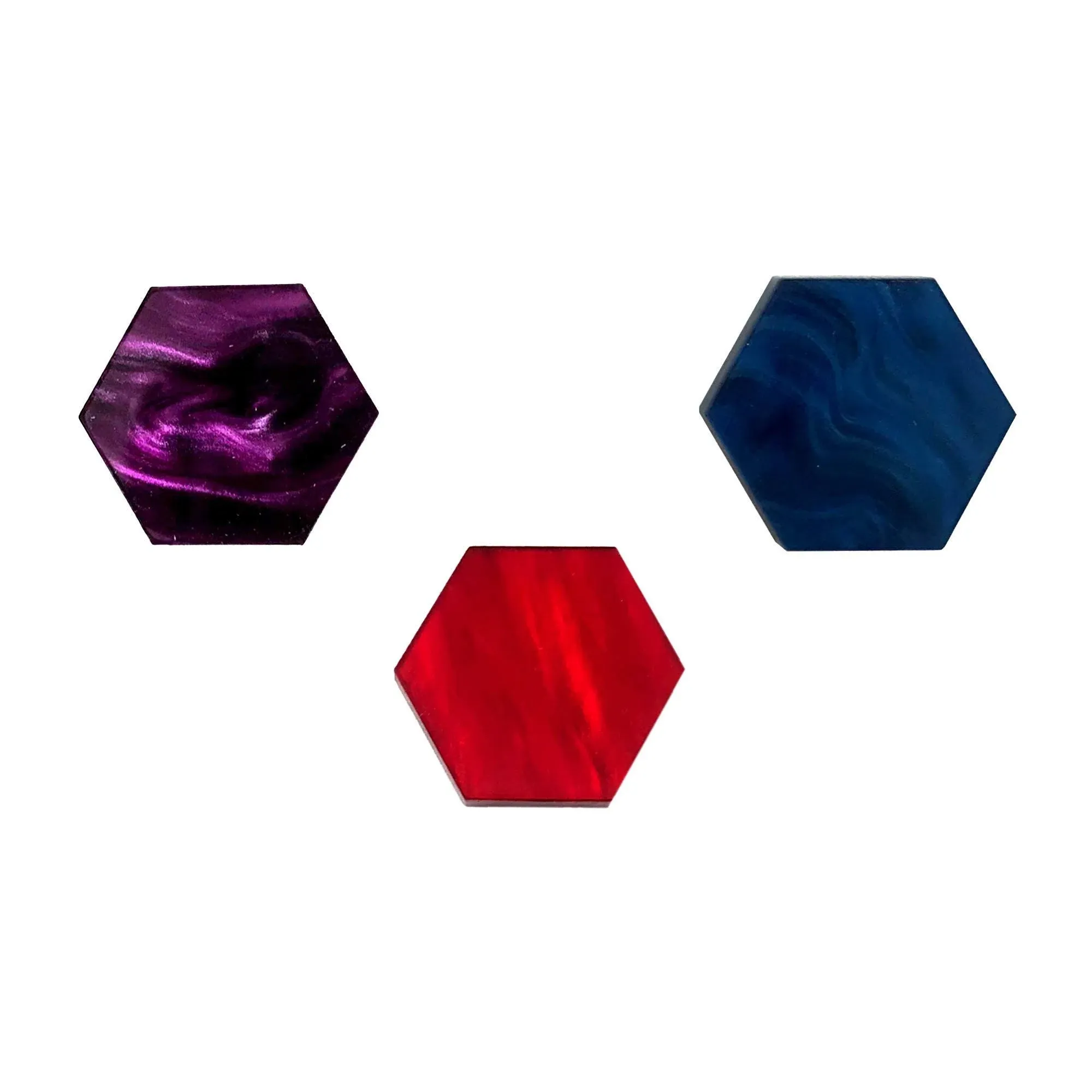 C4Labs Resource Tokens | 90pc Acrylic Game Tokens | 30 of Each Color (Red, Violet, Blue) | Hexagon | Symphony Collection