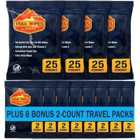 Inspire Trail Wipes, Camping Wipes, Biodegradable Wipes for Camping, Travel, Gym-With Aloe and Vitamin E (50 Count (2 Packs of 25))