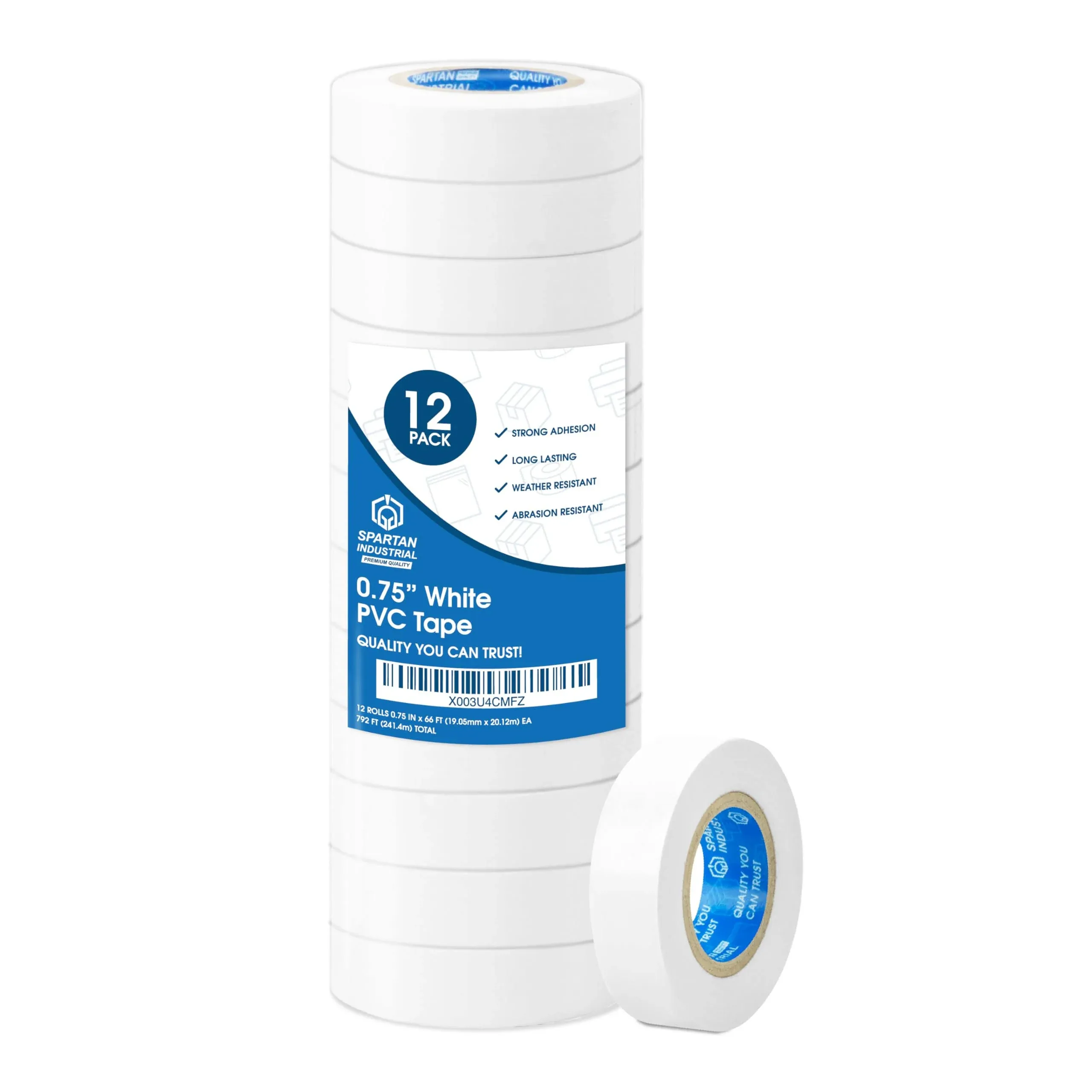 SPARTAN INDUSTRIAL - 3/4&#034; X 66&#039; White Vinyl Tape - 12 Rolls of Water-Resistan<wbr/>...