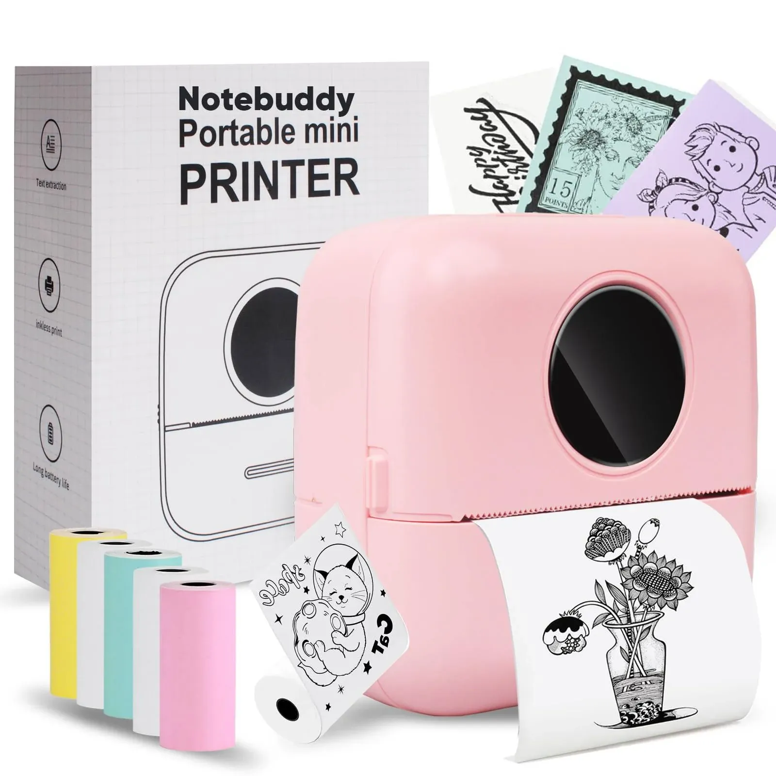 Notebuddy Mini Portable Printer, Bluetooth Smart Pocket Inkless Thermal X5-Pink