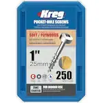 Kreg SPS-C1-250 Pocket-Hole Screw, #7 Thread, 1 Inch Coarse Thread, Pan Head, Square Drive, Self-Tapping Point, Steel