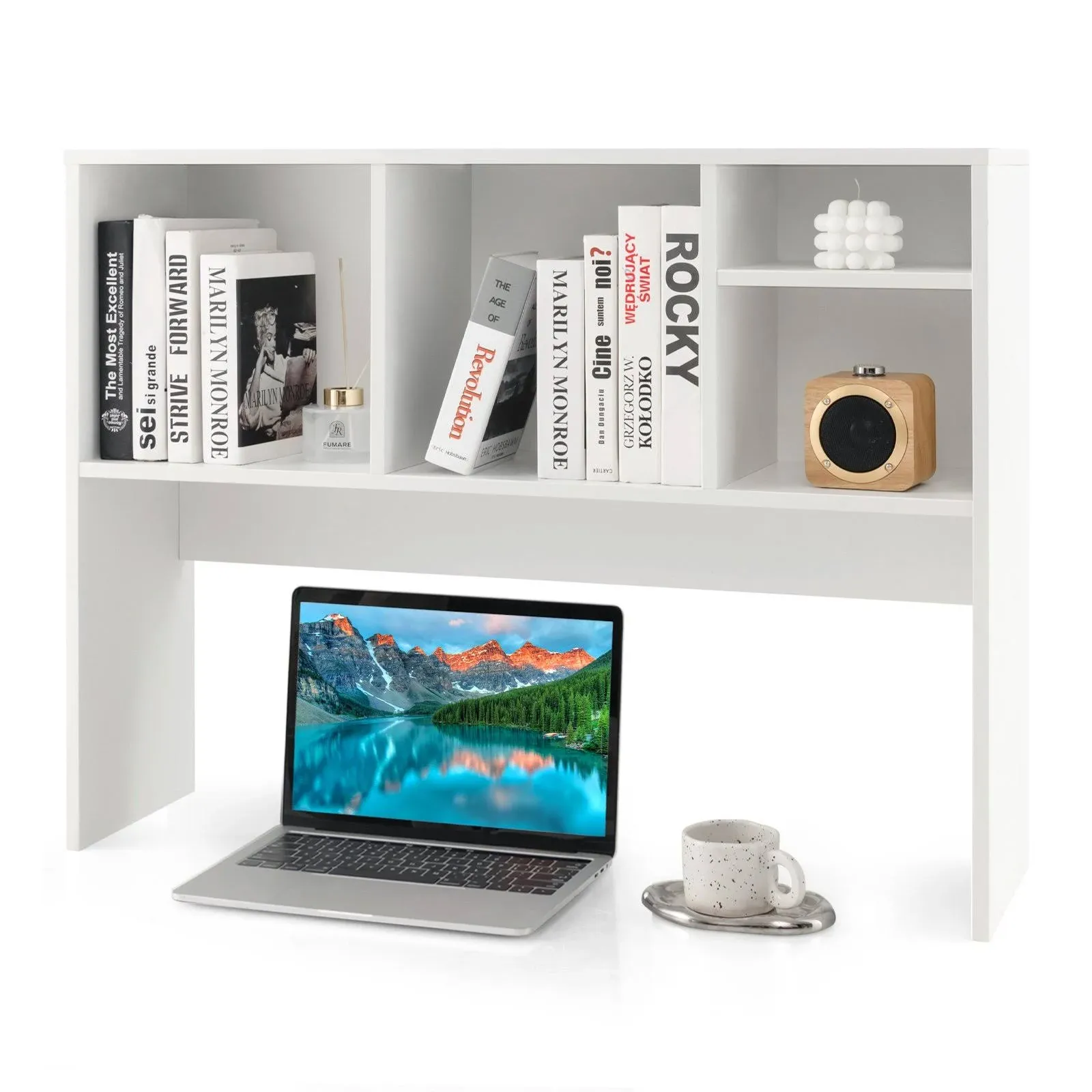 Computer Desktop Bookcase with 4 Cubbies and Open Back Compartment-White | Costway