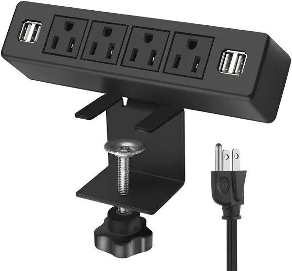 VILONG Desk Clamp Power Strip with USB Port, 4 Outlet Desktop Mount Charging Power Station,on Desk Edge Power Outlet Office Accessories - 6.5Ft Extension Cord