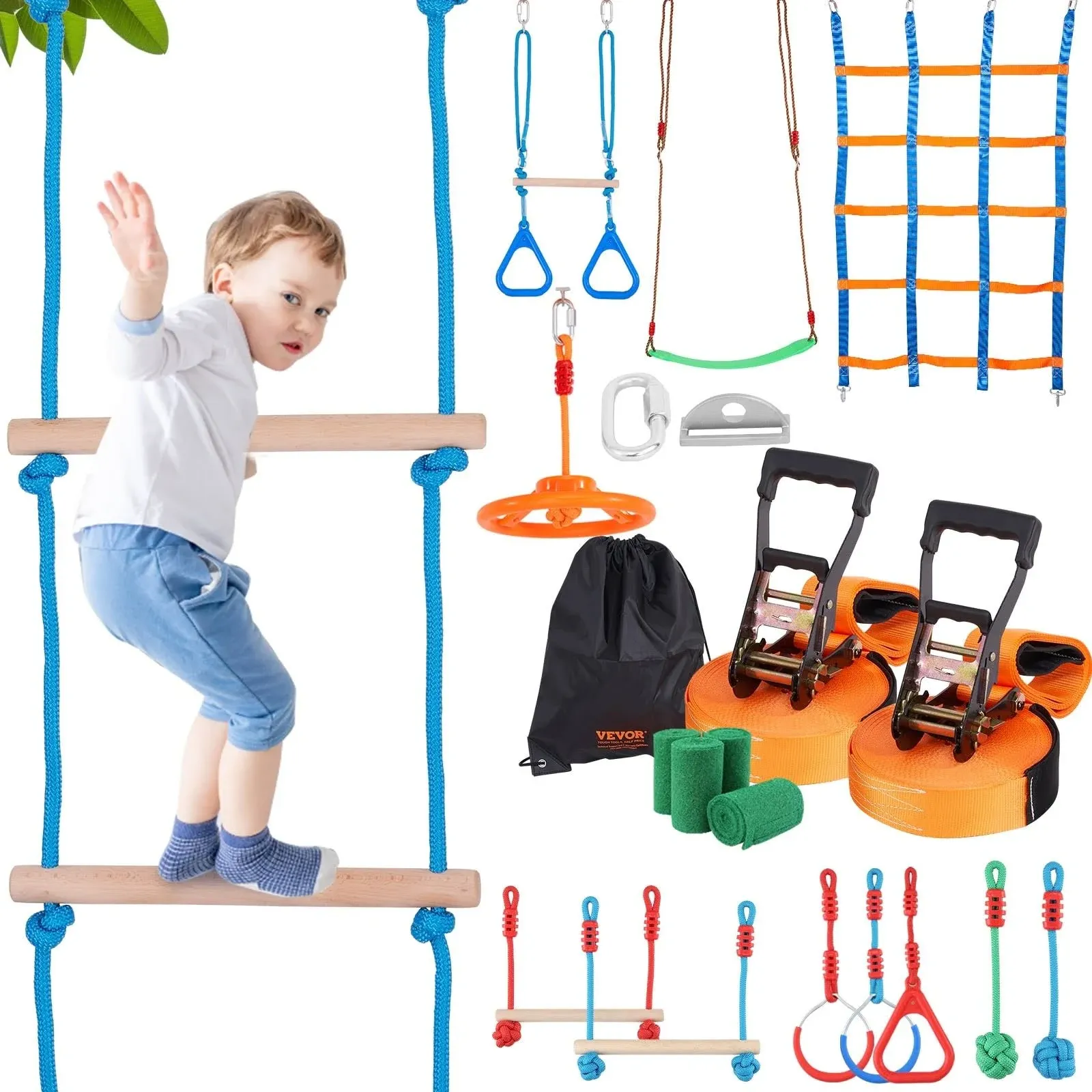 VEVOR Ninja Warrior Obstacle Course for Kids 2 x 50 ft Weatherproof Slacklines 500lbs Weight Capacity Monkey Line Outdoor Playset Equipment Backyard