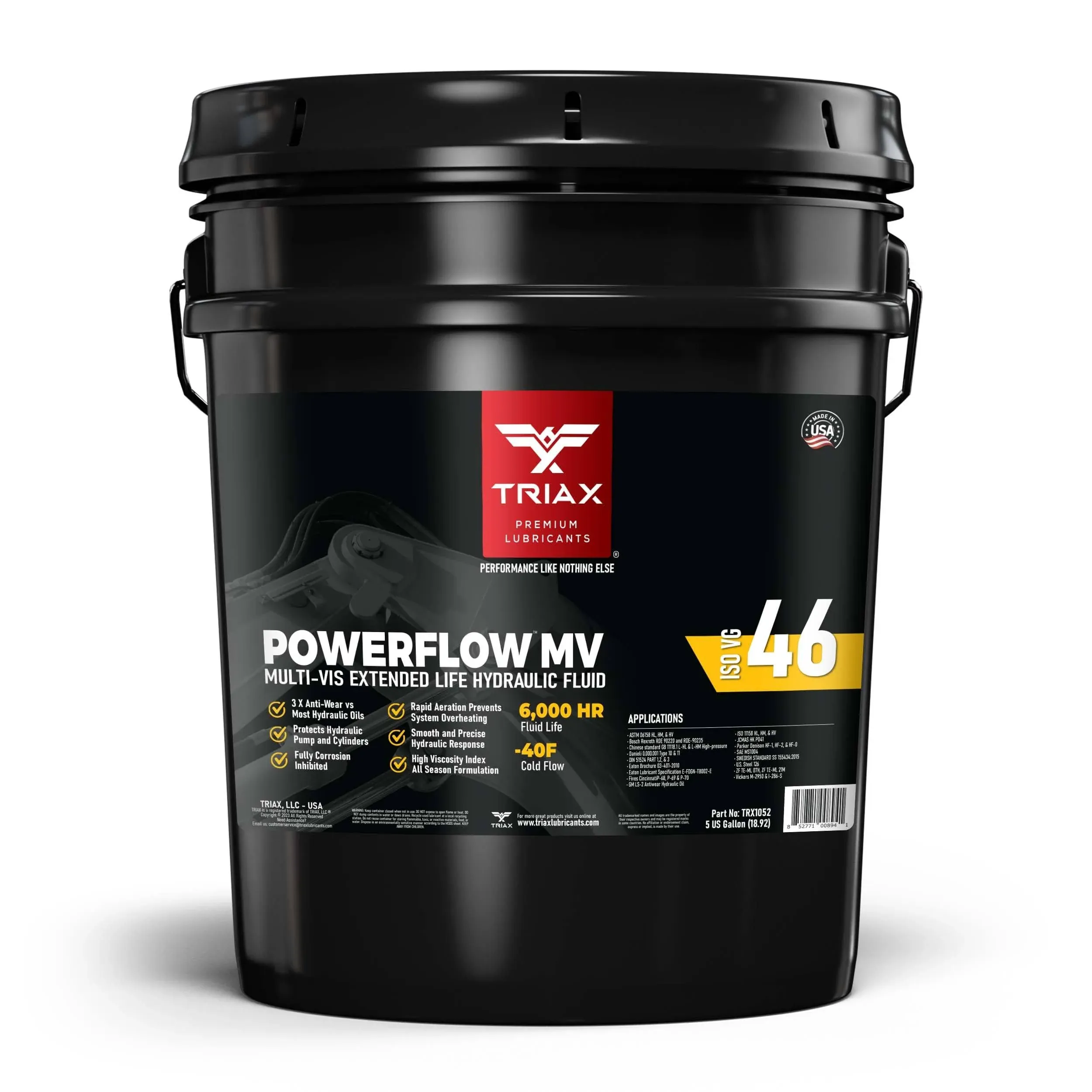 TRIAX Powerflow MV 46 Premium HLP Hydraulic Oil, 6000 Hour Extended Life, Double Anti-Wear, True All Season, -40 F Pour Point (5 Gallon Pail)