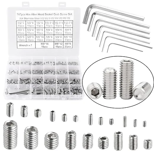 747Pcs M2/M2.5/M3/M4/M5/M6/M8 Metric Hex Socket Head Cup Point Set Screws, Allen Head Grub Screws, Internal Hex Drive Headless Set Screws Assortment Kit with 7Pcs Hex Keys, 304 Stainless Steel