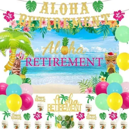 Tropical Retirement Party Decorations, Hawaiian Flamingo Summer Beach Happy Retirement Decorations - Aloha Retirement Backdrop, Banner, Cake Topper, Cupcake Toppers, Balloons