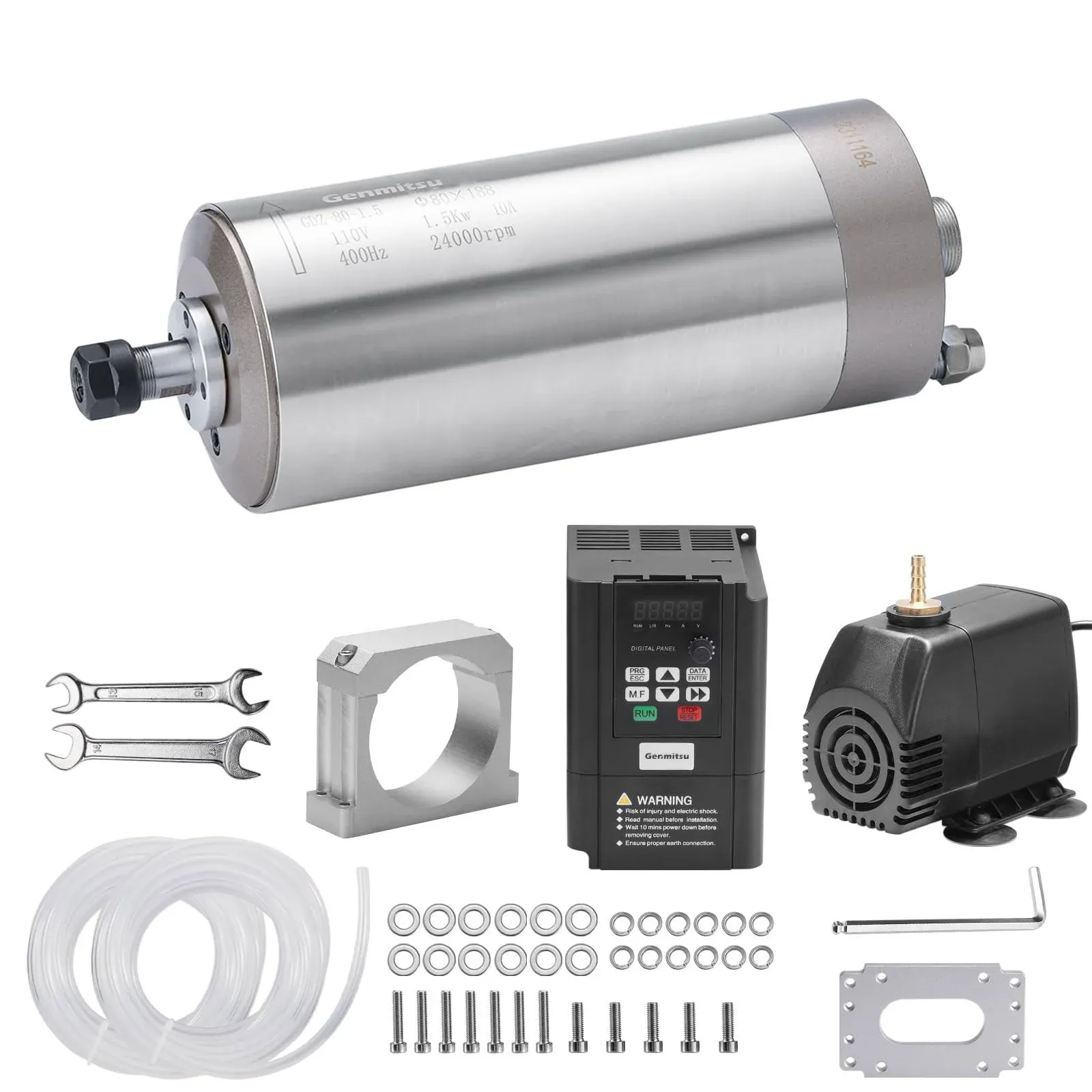 CNC Spindle Motor Kit, 1.5KW, 110V Water Cooled Spindle Motor, with VFD & Water Pump, 80mm Diameter Aluminum Clamp Mount, ER11 Collet, 0.003mm Accuracy for CNC Router Machine Metal Carving