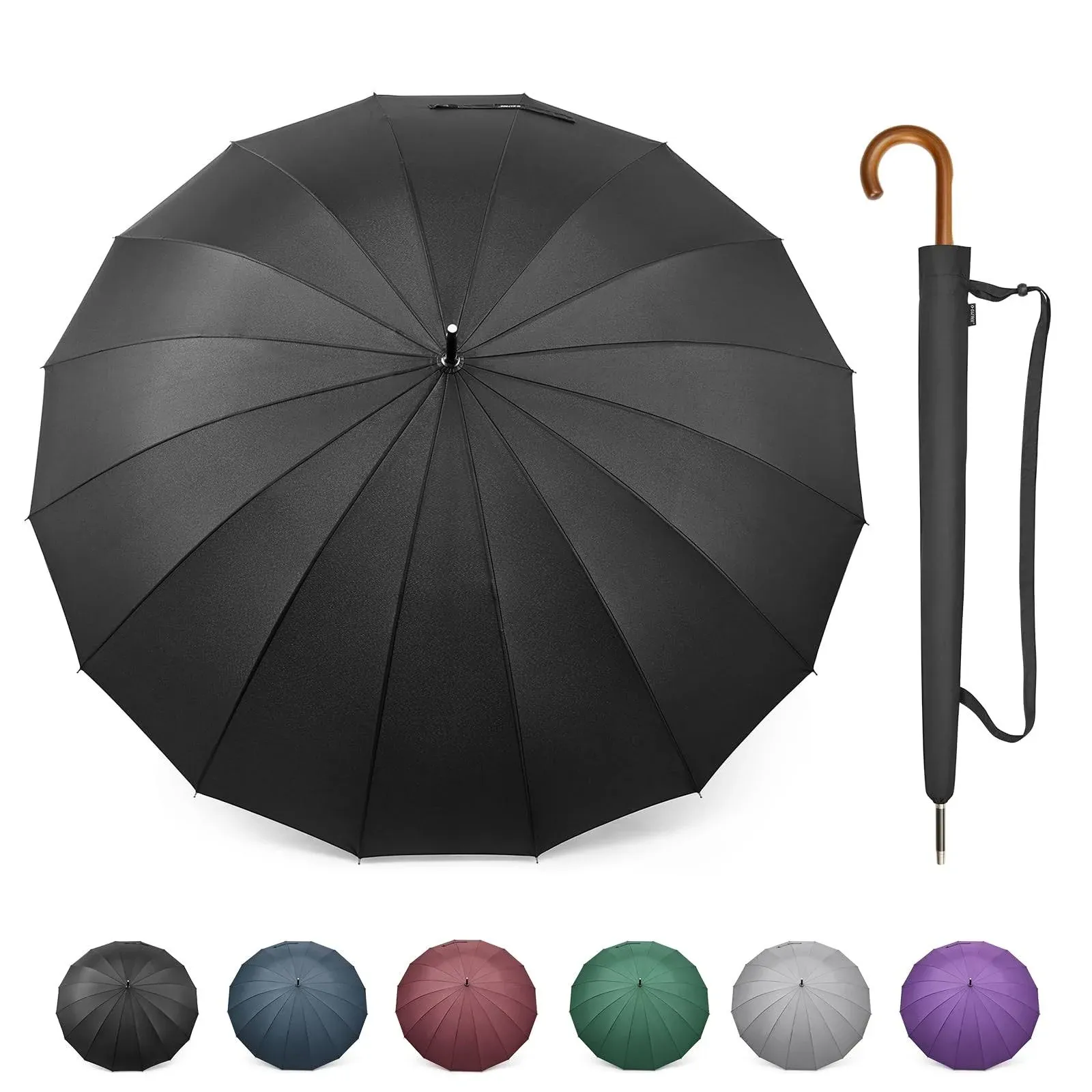 G4Free 54 Inch Large Windproof Umbrella for 2 Persons, 16 Ribs Auto Open Classic Wooden J Handle Cane Stick Golf Rain Umbrellas for Men Women Travel 120cm