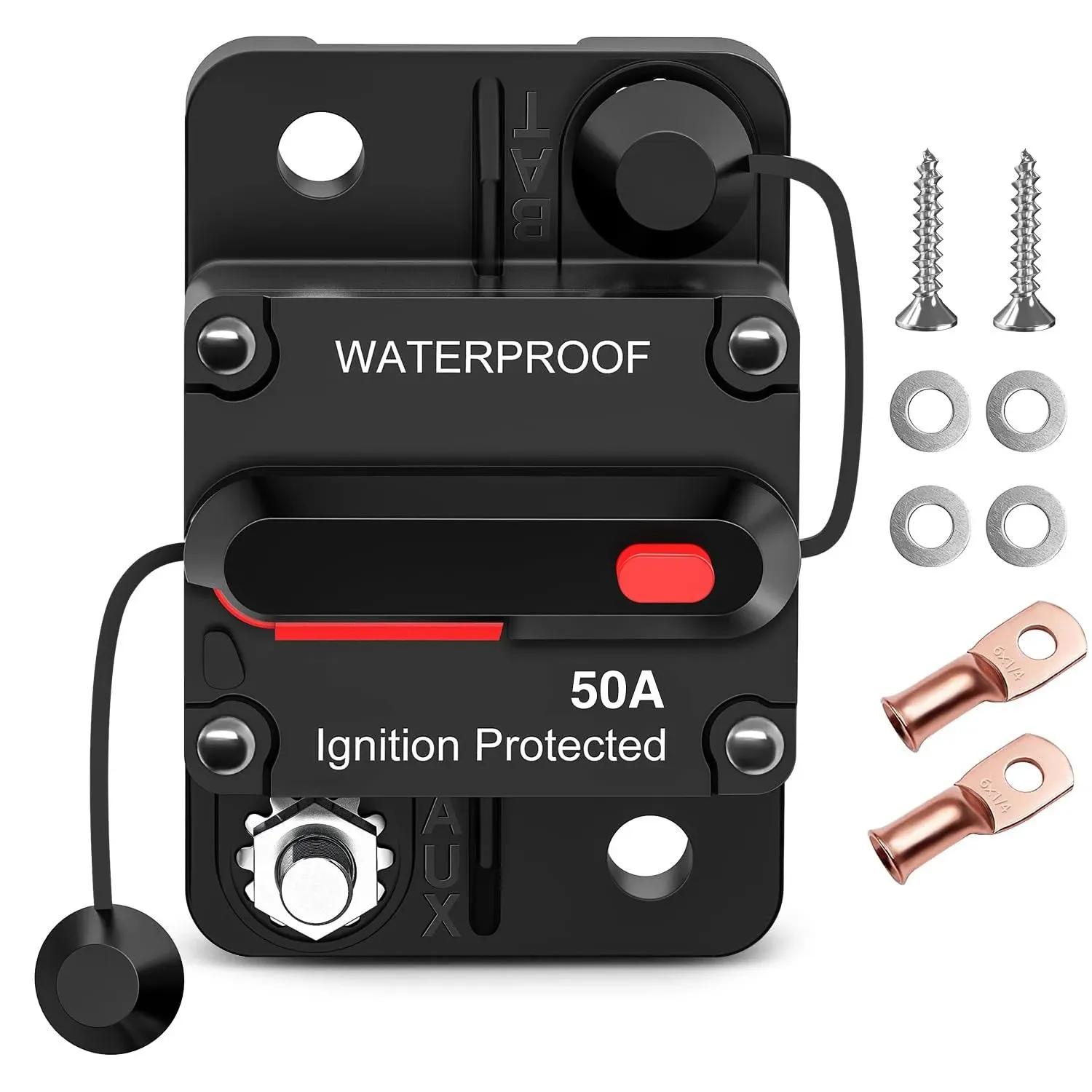 Nilight 50A Circuit Breaker Resettable 12-48V DC Manual Reset w/Copper Wire Lugs Surface Mount Overload Protection for Car Audio Sound Amplifier System RV Marine Boat Truck, 2 Years Warranty