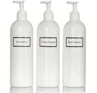 Silkscreened Empty Shower Bottle Set for Shampoo, Conditioner, and Body Wash, Squat 16 oz 3-pack, White (Black Pumps)