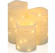 Flickering Flameless Candles Ivory Real Wax Pillar With Embedded String Lights L