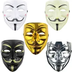 5 Packs V Mask Halloween Mask Costume Cosplay Anonymous Masks Hacker mask/1*Gold/1*White/1*Silver/2*Black(5-Pack)