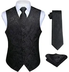 HISDERN Men's Vest Tie Set Paisley Floral Jacquard Necktie Pocket Square 3PCS Waistcoat for Suit or Tuxedo Wedding Party