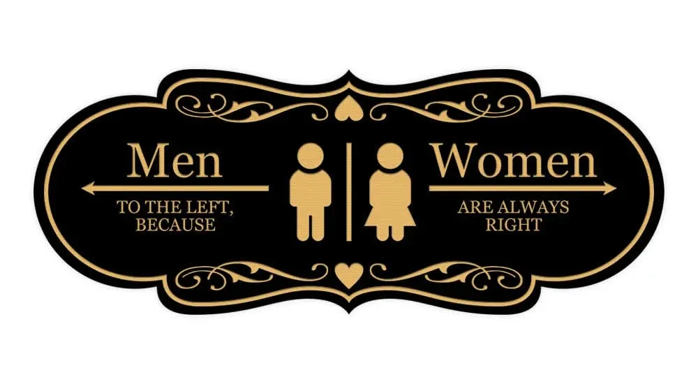 Designer Men to The Left, Because Women Are Always Right, Restroom Sign (Black Gold) - Large