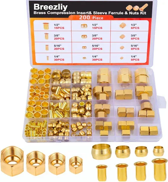 Breezliy 1/4" 3/8" 5/16" 1/2" OD Brass Compression Insert,Sleeve Ferrule,Nut 200PCS