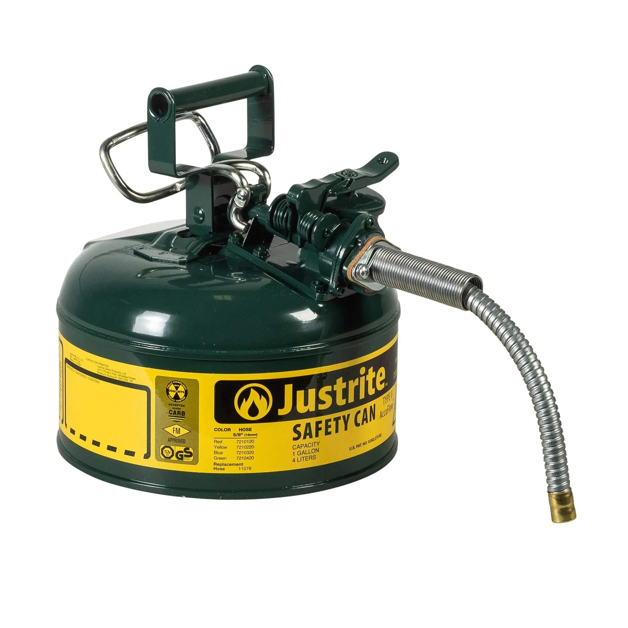 Justrite 7210420 Green AccuFlow Type II Safety Can, 1 Gallon