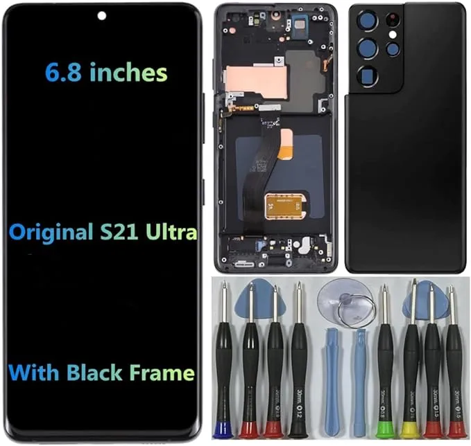 6.8" AMOLED Original for Samsung Galaxy S21 Ultra Display Touch Screen Digitizer Assembly S21ultra 5G G998U G998U1 G998W G998B G998B/DS LCD Screen Replacement (with Silver Frame + Back Cover+Tools)