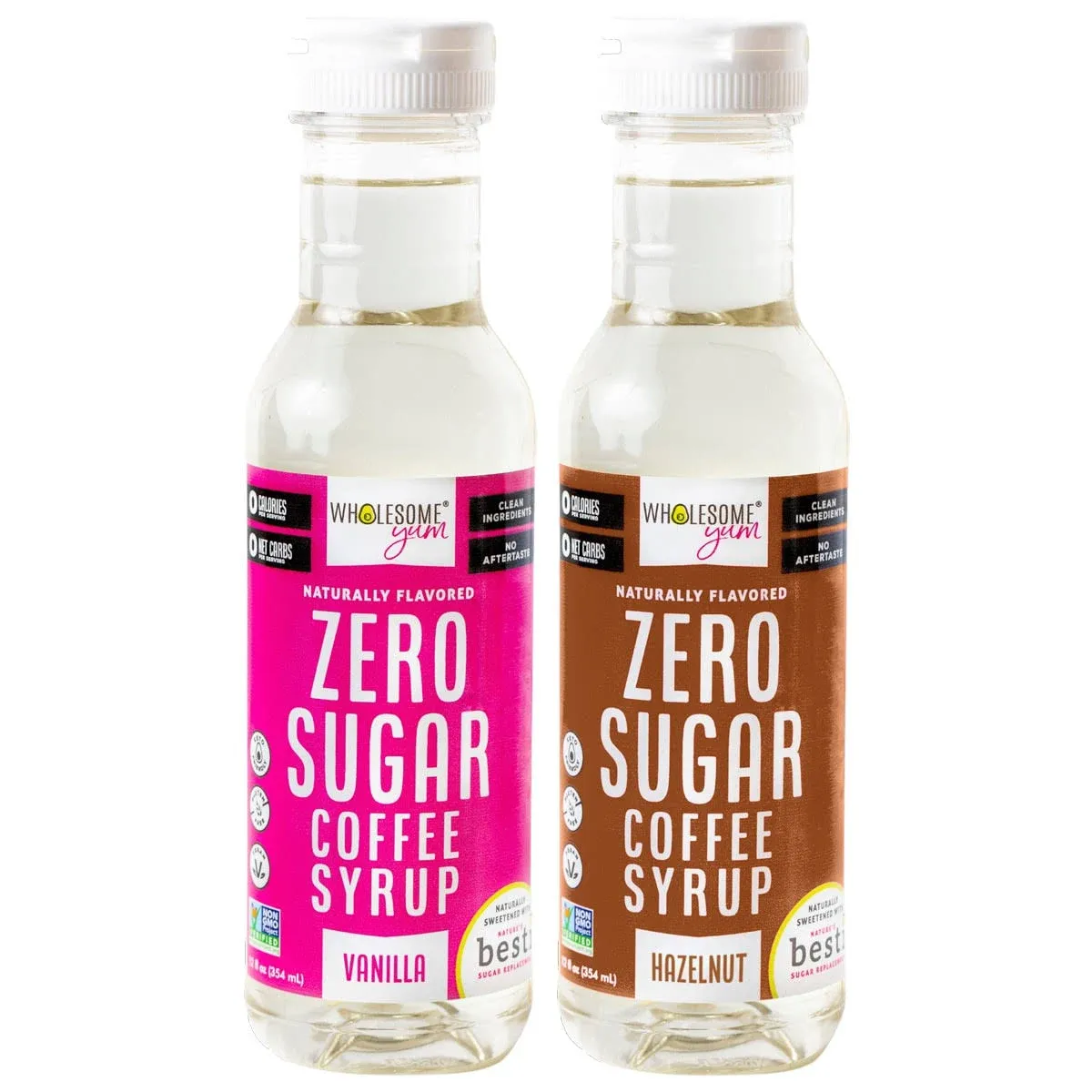 Wholesome Yum Zero Sugar Coffee Syrup (Keto Coffee Syrup) - Sugar Free Vanilla & Hazelnut With Monk Fruit & Allulose - For Hot & Cold Drinks - Natural Sweetener & Flavor, Non GMO, Low Carb (12 fl oz, 2 Pack)