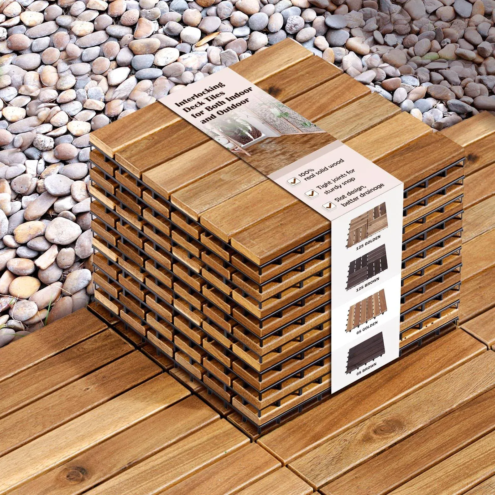 Idzo Interlocking Deck Tiles - 10pcs Waterproof Acacia Wood Patio Tiles, Flooring Tiles for Both Indoor and Outdoor - Decking Stripe Pattern, Golden Teak