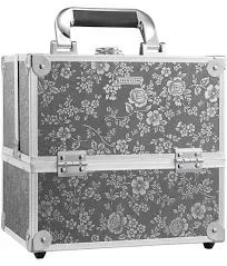  Makeup Train Case Portable Cosmetic Box Organizer Storage 4 Trays Silver