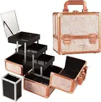 Costravio Makeup Train Case Rose Gold Cosmetic Box with Mirror & Brush Holder Home or Travel Organizer for Make-Up and Jewelry Storage Box with 3