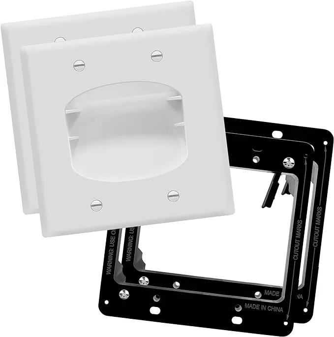 TOPGREENER Recessed Low Voltage Cable Wall Plate for Home Theaters, Pass-Through Wall Plate with Mounting Brackets, Size 2-Gang 4.50" x 4.50," Polycarbonate Thermoplastic, TG8882B-2PCS, White, 2 pack