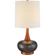 Mid-Century Table Lamp with USB Port Brown Ceramic Fabric Shade for Living Room