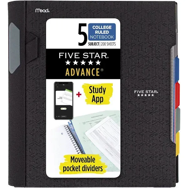 Five Star Spiral Notebook + Study App, 5 Subject, College Ruled Paper, Advance Notebook with Spiral Guard, Movable Tabbed Dividers and Expanding Pockets, 8-1/2" x 11", 200 Sheets, White (73154)