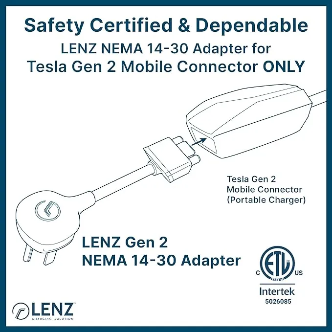 LENZ NEMA 14-30 Adapter for Tesla Gen 2 Mobile Portable Charger, Connect Tesla Mobile Charger to NEMA 14-30 240V Outlet at 32 Amp (Length 16 inches)