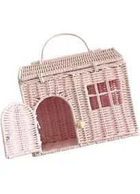 Rool Rattan House Shaped Basket Wicker Small Dollhouse Gift for Girls, Boho Toys, Mouse in a Box House, Little Girl Purse Clutch, Doll Carrier (Brown)