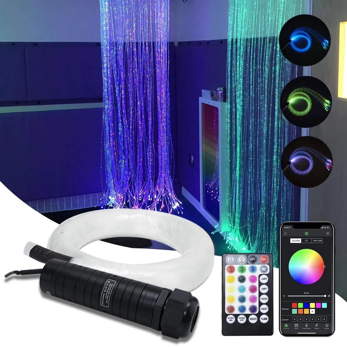 AMKI 6W RGBW Fiber Optic Curtain Light Kit, Bluetooth Waterfall Curtain Light for Window Kid Children Sensory Room Home Decoration with Flash Point