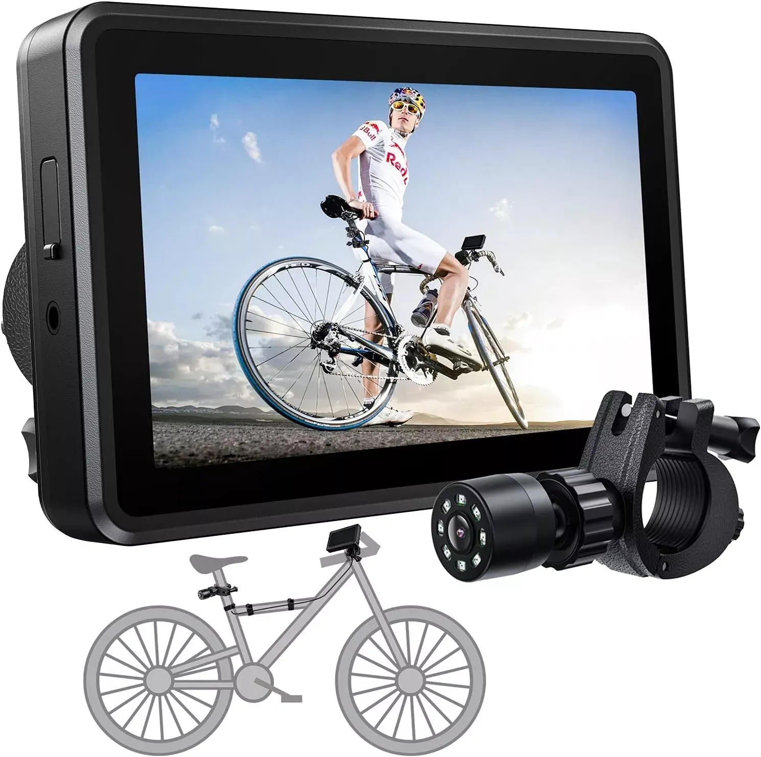 FEISIKE Handlebar Bike Mirror, Bicycle Rear View camera with 4.3'' HD Night Vision Function, 145° Wide Angle View, Adjustable Rotatable Bracket, Compatible with Bicycle, Mountain, Road Bike