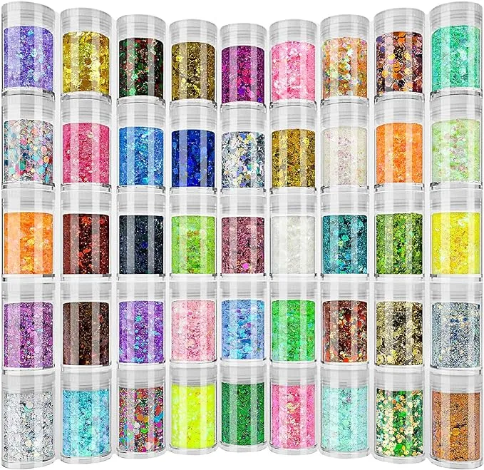 Holographic Chunky and Fine Glitter Mix, 45 Colors Craft Glitter for Epoxy Resin Arts, Iridescent Nail Glitter, Cosmetic Eye Hair Face Body Glitter, Glitter Flakes Sequins for Tumbler Festival Jewelry