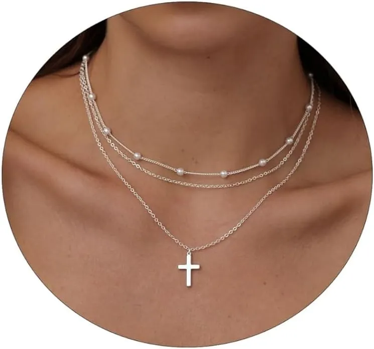 Tasiso Cross Necklace for Women 14K Gold Plated Dainty Layered Cross Paperclip Chain Choker Necklace Set Horizontal Sideways Cross Necklace Minimalist Trendy Jewelry Gifts