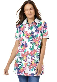 Woman Within Plus Size Women's Perfect Printed Short-Sleeve Polo Shirt