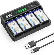 NEW 4PCS EBL 9V Li-ion Rechargeable Battery &amp; 9V Lithium / Ni-MH / Ni-CD Charger